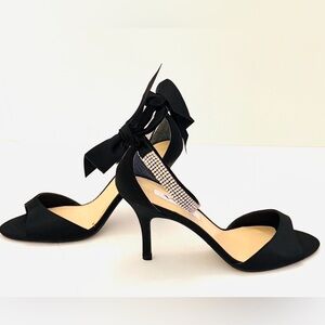 Nina Black Satin Heels with Rhinestone Strap Bow Tie Back Size 8 1/2